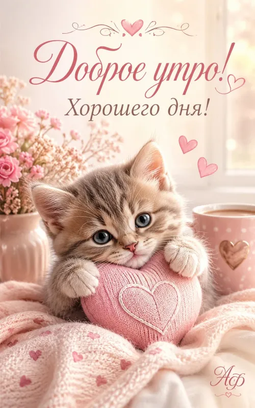 Картинки с добрым утром с котиками. Милые открытки с котятами и сердечками