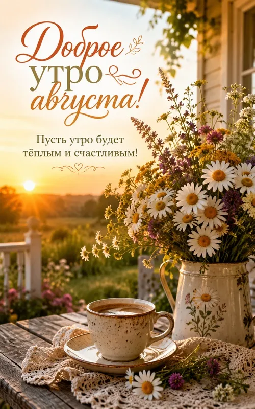 Картинки «Доброе утро августа». Доброе августовское утро с цветами и кофе