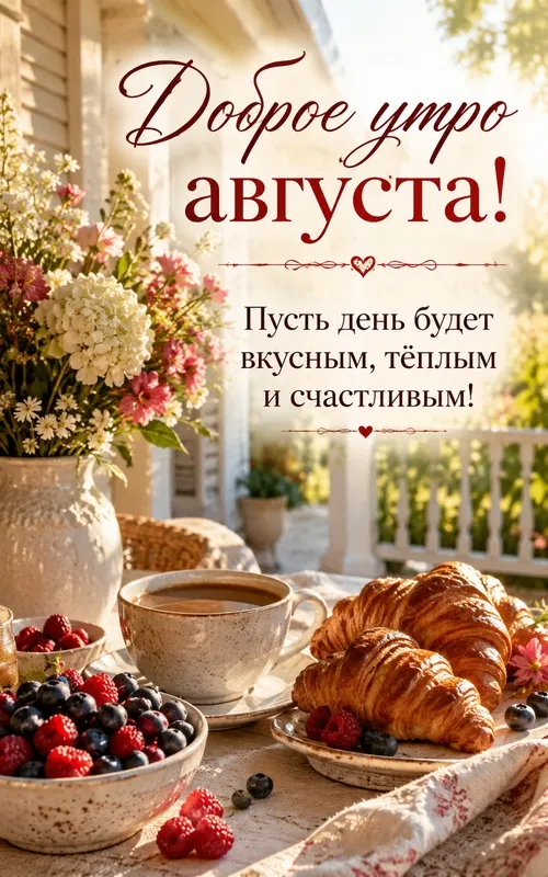 Картинки «Доброе утро августа». Доброе августовское утро с цветами и кофе
