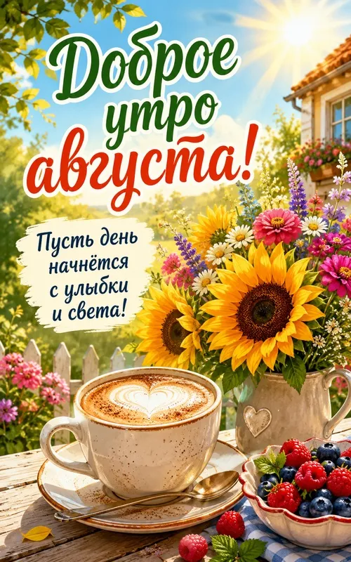Картинки «Доброе утро августа». Доброе августовское утро с цветами и кофе