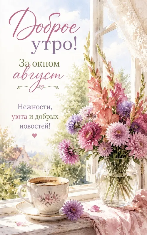Картинки «Доброе утро августа». Доброе августовское утро с цветами и кофе